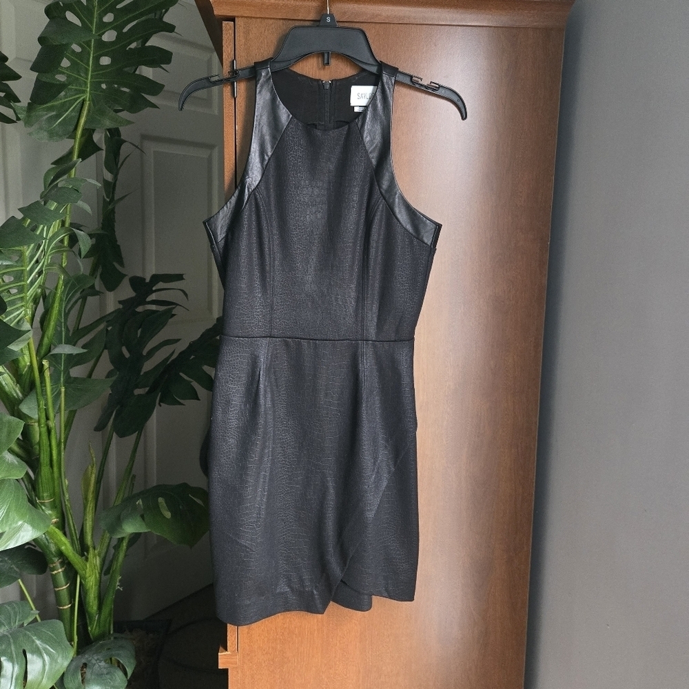 Saylor Black Faux Leather And Snakeskin Textured Black Mino Dress W Back Cutout